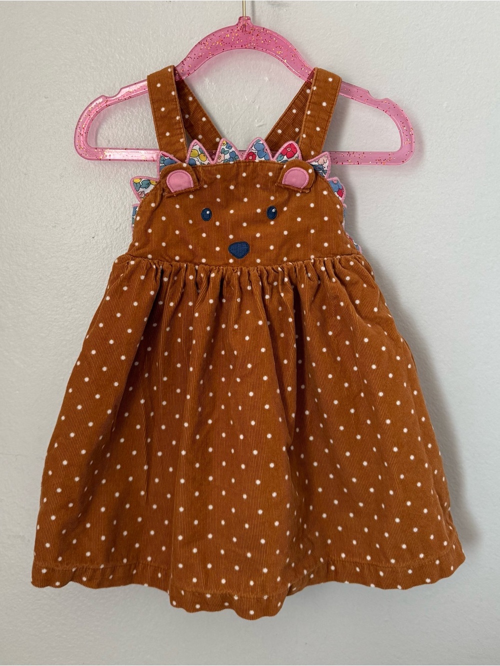 Baby Boden Hedgehog Corduroy Pinafore Polka Dot Dress Brown Size 12-18 Months